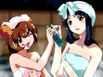  ;d age_difference alternate_hairstyle bangs blue_hair blue_towel blurry blush bottle breast_hold breasts brown_hair bun_cover clenched_hand cup depth_of_field double_bun drink hair_up hamster_no_kurumi hebi_no_yuki holding kobayashi_takashi lipstick long_hair looking_at_viewer makeup mature multiple_girls naked_towel official_art one_eye_closed onsen open_mouth pink_towel ramune red_eyes red_lipstick sakazuki shared_bathing short_hair small_breasts smile sparkle steam tenshi_no_shippo tenshi_no_shippo_chu! towel towel_on_head upper_body 