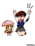  chibi long_sleeves multiple_girls one satomura_akane school_uniform umbrella watsuki_ayamo yuzuki_shiiko 