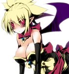  black_gloves blonde_hair blush bow breasts cleavage disgaea dress elbow_gloves gloves gun large_breasts makai_senki_disgaea_2 oota_yuuichi pointy_ears red_eyes rozalin solo strapless strapless_dress weapon wings yellow_bow 