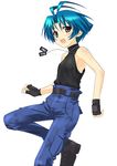  antenna_hair artist_request belt black_gloves blue_hair boots denim dog_tags fingerless_gloves flat_chest gloves jeans leg_lift muvluv pants short_hair simple_background solo white_background yoroi_mikoto 