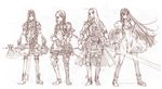  axe black_hair boots brown dress endou_okito knees long_hair monochrome multiple_girls sketch sword very_long_hair weapon wizardry 