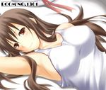 armpits artist_request blush breasts brown_eyes brown_hair character_request hat large_breasts long_hair lying on_back room_no.1301 smile solo 