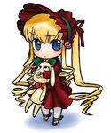  artist_request blonde_hair blue_eyes blush bow bowtie chibi dress expressionless hat holding kunkun long_hair long_sleeves looking_at_viewer red_dress rozen_maiden shinku simple_background solo standing stuffed_animal stuffed_dog stuffed_toy white_background 