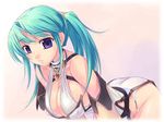  amei_sumeru bent_over breasts cleavage copyright_request covered_nipples green_hair large_breasts long_hair lowres panties ponytail purple_eyes smile solo underwear white_panties 