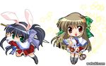  :d animal_ears black_hair blush bow brown_hair bunny_ears chibi fake_animal_ears full_body green_eyes hair_bow hairband holding holding_sword holding_weapon kanon kawasumi_mai kneehighs kurata_sayuri long_sleeves looking_at_viewer multiple_girls open_mouth ponytail red_skirt school_uniform skirt smile staff standing sword wand watsuki_ayamo weapon 