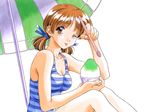  90s ;p adachi_taeko bangs beach_umbrella blue_ribbon blue_swimsuit blush breasts brown_eyes brown_hair casual_one-piece_swimsuit cleavage closed_mouth collarbone cup food freckles from_side hair_ribbon hand_up holding holding_cup holding_food holding_spoon kai_tomohisa knees_up looking_at_viewer low_twintails medium_breasts official_art one-piece_swimsuit one_eye_closed parted_bangs raised_eyebrow ribbon sentimental_graffiti shaved_ice shiny shiny_hair shirt short_hair short_twintails sideways_glance simple_background sitting solo spoon straight_hair striped striped_shirt striped_swimsuit swimsuit tongue tongue_out traditional_media twintails umbrella watercolor_(medium) white_background white_swimsuit 
