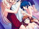  3girls bed blonde_hair blue_hair bra breasts brown_hair closed_eyes from_above fushimi_yukari game_cg hair_ribbon kawata_hisashi lisa_vixen long_hair long_sleeves lying medium_breasts multiple_girls official_art on_back on_bed ribbon routes shirt short_hair sleeping smile strap_slip surrounded t-shirt underwear white_bra yuasa_satsuki 