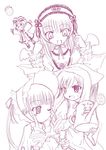  :d artist_request bangs bonnet clenched_hands cup dress drill_hair flying food fruit hairband heterochromia hina_ichigo lolita_hairband long_sleeves looking_at_another monochrome multiple_girls one_eye_closed open_mouth outstretched_arms ribbon rozen_maiden saucer shinku simple_background smile strawberry suigintou suiseiseki sweatdrop twin_drills twintails watering_can white_background wings 