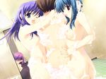  3girls :d ;d android armpits arms_around_neck ass back bangs bathing bathroom bathtub black_hair blue_eyes blue_hair blush body_soaping breasts cowboy_shot duplicate dutch_angle embarrassed from_behind from_side game_cg girl_sandwich hair_over_eyes happy himeyuri_ruri himeyuri_sango hug ilfa indoors kouno_takaaki long_hair looking_at_viewer medium_breasts mitsumi_misato mixed_bathing multiple_girls nakamura_takeshi nipples nude one_eye_closed open_mouth peeking profile purple_eyes purple_hair robot_ears sandwiched short_hair short_hair_with_long_locks siblings sidelocks sisters smile soap soap_bubbles tile_floor tiles to_heart_2 to_heart_2_xrated twins water 