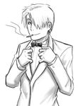  cigarette formal ginko greyscale hair_over_one_eye james_bond_(series) long_sleeves lowres male_focus monochrome mushishi parody smile smoking solo suit 