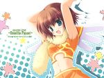  2006 :d armpits arms_up bangs bare_arms blue_eyes blush breasts brown_hair character_name copyright_name dutch_angle eyebrows_visible_through_hair fur_collar halftone halftone_background ikegami_akane kaleido_star looking_down midriff navel open_mouth polka_dot polka_dot_background polka_dot_border rosetta_passel short_hair sleeveless small_breasts smile solo 