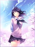  cherry_blossoms closed_eyes cloud day long_sleeves original pleated_skirt school_uniform skirt sky solo sweater sweater_vest ueda_ryou vest wind 