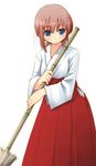  :o bamboo_broom bangs blue_eyes blush broom brown_hair copyright_request hakama holding holding_broom japanese_clothes jirou_(chekoro) long_sleeves looking_at_viewer miko red_hakama simple_background solo white_background 