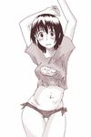  abubu aramaki_scaltinof ayase_fuuka bikini blush eyebrows greyscale midriff monochrome side-tie_bikini solo swimsuit thick_eyebrows yotsubato! 