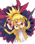  aiming_at_viewer bat_wings blonde_hair blush bow breasts bright_pupils cleavage demon_girl disgaea dr.p dress from_above gun handgun large_breasts makai_senki_disgaea_2 one_eye_closed pistol pointy_ears red_eyes rozalin slit_pupils solo weapon wings yellow_bow 