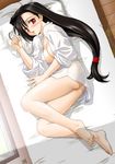  ass barefoot bed breasts cleavage feet final_fantasy final_fantasy_vii kedo_mitsuharu long_hair low-tied_long_hair medium_breasts no_bra open_clothes open_shirt red_eyes shirt signature sleeves_rolled_up solo tifa_lockhart 