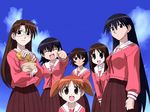  artist_request azumanga_daiou blue_hair brown_eyes brown_hair everyone glasses kagura_(azumanga_daiou) kasuga_ayumu long_hair long_sleeves mihama_chiyo mizuhara_koyomi multiple_girls orange_hair pleated_skirt sakaki school_uniform short_twintails skirt takino_tomo twintails 