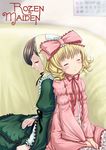  :o artist_request back-to-back bangs blonde_hair blush bow brown_hair copyright_name couch dress frills green_dress hat hat_bow head_scarf hina_ichigo long_sleeves multiple_girls parted_lips pillow pink_bow pink_dress rozen_maiden short_hair sleeping sleeping_upright suiseiseki 