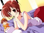  artist_request bed book brown_hair chin_rest holding holding_book lying mouth_hold on_stomach pencil red_eyes rinrin_(sister_princess) sister_princess solo wooden_pencil 