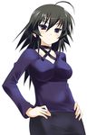  ahoge artist_request ayamine_kei black_hair black_skirt blush hands_on_hips long_hair long_sleeves muvluv neck_ribbon pointy_hair ribbon skirt solo 