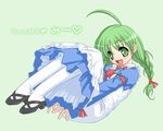  :d ahoge apron artist_request blue_dress blush bow bowtie braid dress green_eyes green_hair heart long_sleeves looking_at_viewer mary_janes me-tan open_mouth os-tan red_bow shoes sign smile solo thighhighs twin_braids warning_sign white_legwear 