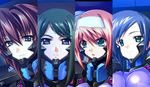  armor black_hair blue_hair bodysuit bou column_lineup game_cg green_eyes hairband kashiwagi_haruko kazama_touko multiple_girls munakata_misae muvluv muvluv_alternative pilot_suit pink_hair purple_bodysuit purple_hair suzumiya_akane 