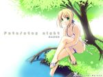  artoria_pendragon_(all) blonde_hair fate/stay_night fate_(series) grass green_eyes leg_hug naruse_hirofumi outdoors saber sandals shoes single_shoe sitting soaking_feet solo swimsuit swimsuit_under_clothes tree under_tree wallpaper water 