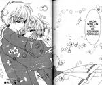  1girl 90s cardcaptor_sakura clamp comic couple flower greyscale hard_translated hetero hug kinomoto_sakura li_xiaolang long_sleeves monochrome official_art official_manga petals pleated_skirt scan school_uniform skirt tomoeda_middle_school_uniform translated 