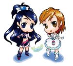  black_footwear blue_eyes blue_hair boots brown_eyes brown_hair chibi cosplay costume_switch cure_black cure_black_(cosplay) cure_white cure_white_(cosplay) futari_wa_precure half_updo hirai_yukio knee_boots long_hair magical_girl midriff misumi_nagisa multiple_girls parody precure short_hair white_background white_footwear yukishiro_honoka 