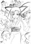  95-tan 98-tan animal_ears artist_request cake character_request chibi chibi_inset fish food fox_ears greyscale japanese_clothes kimono long_sleeves looking_at_viewer monochrome multiple_girls os-tan sketch smile spoken_ellipsis v 