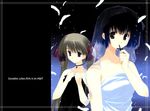  asou_asuna bare_shoulders black_hair brown_hair choker collarbone cross cross_necklace dress hair_ribbon holding jewelry looking_at_viewer mitsumi_misato mouth_hold multiple_girls necklace night night_sky pendant red_eyes ribbon see-through short_hair sky star_(sky) starry_sky strapless strapless_dress sumadera_yukio tenshi_no_inai_12-gatsu twintails upper_body veil white_dress white_feathers 