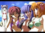  bikini blue_eyes breasts breasts_apart brown_eyes day fuyou_kaede hosoda_naoto large_breasts lisianthus medium_breasts multiple_girls nerine primula red_eyes red_hair shuffle! swimsuit 