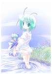  ^_^ antennae bottomless cirno closed_eyes from_behind izumi_yukiru looking_back multiple_girls naked_shirt nature no_panties outstretched_arms shirt sky spread_arms touhou wading water wet wriggle_nightbug 