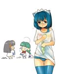  3girls artist_request blue_hair chibi glasses green_hair me-tan multiple_girls one-piece_swimsuit os-tan swimsuit swimsuit_under_clothes thighhighs xp-tan 