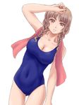  braid breasts brown_eyes brown_hair cleavage hand_on_forehead iga_tomoteru kimi_kiss large_breasts mizusawa_mao one-piece_swimsuit solo swimsuit towel twin_braids 