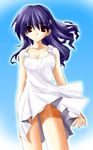  blue_hair brown_eyes dress kuzunoha_kyouji_(sunny_side_street) long_hair original panties pantyshot pantyshot_(standing) skirt solo standing sundress underwear white_panties white_skirt wind wind_lift 