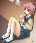  anita_king gegera green_eyes long_sleeves milk nishihama_middle_school_uniform pink_hair pleated_skirt r.o.d_the_tv read_or_die school_uniform short_hair sitting skirt socks solo 