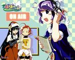  3girls ahoge ai_(popotan) album_cover badge bike_shorts black_hair blue_eyes blush blush_stickers book bun_cover button_badge checkered clothes_around_waist cover fang glasses hand_on_ear hat headphones jacket_around_waist jewelry long_hair mai_(popotan) mii_(popotan) multiple_girls necklace open_mouth pen pointing popotan purple_hair red_hair short_hair sweatdrop very_long_hair watanabe_akio window wings 