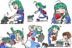  :3 :d ^_^ animal apron artist_request barefoot blue_dress blush bowl braid chasing closed_eyes comic dress feeding food green_eyes green_hair head_scarf long_hair me-tan multiple_girls open_mouth os-tan saliva sharp_teeth shirt shorts sign silent_comic sleeping smile squatting teeth twin_braids warning_sign white_shirt 