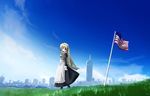  america apron blonde_hair bow character_request cityscape cloud copyright_request cross day dress empire_state_building flag grass long_hair maid maid_headdress red_eyes seo_tatsuya sky solo tower 