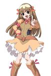  artist_request boots brown_footwear brown_hair duplicate fang hair_ribbon hat head_tilt index_finger_raised knee_boots looking_at_viewer open_mouth re_mii ribbon simple_background solo standing thighhighs tooth white_background zettai_ryouiki zoids zoids_genesis 