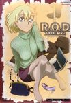  adjusting_hair arm_support bag blonde_hair blue_eyes coat company_name computer copyright_name cover dvd_cover feet green_shirt green_sweater handbag high_heels ishihama_masashi laptop logo long_sleeves miniskirt official_art pantyhose purple_footwear purple_skirt r.o.d_the_tv read_or_die shirt shoe_removed shoes short_hair single_shoe sitting skirt smile solo sweater turtleneck wendy_earhart 