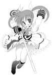  blush bow greyscale long_sleeves lyrical_nanoha mahou_shoujo_lyrical_nanoha monochrome panties raidon raising_heart solo staff takamachi_nanoha thigh_gap twintails underwear wind wind_lift 