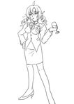  ahoge artist_request brooch cravat cup drinking_glass formal full_body glass greyscale high_heels jacket jewelry lineart long_sleeves mac_os monochrome mouth_hold os-tan pencil_skirt skirt solo standing suit 