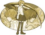  2boys amane_misa artist_request bangs cross cross_earrings death_note death_note_(object) earrings jewelry l_(death_note) long_sleeves monochrome multiple_boys scythe shirt skirt skull thighhighs yagami_light zettai_ryouiki 