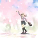  cherry_blossoms ikeda_jun_(mizutamari) long_sleeves looking_up original outstretched_arm pleated_skirt school_uniform skirt smile solo source_request walking 