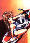  90s blue_eyes breasts brown_hair cleavage copyright_request feet from_above ground_vehicle highres kawarajima_kou long_hair medium_breasts motor_vehicle motorcycle nail_polish one-piece_swimsuit pink_nails sandals smile solo swimsuit toenail_polish 