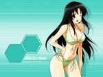  ;d artist_request bare_shoulders bikini black_hair breasts brown_eyes cleavage happy jinki kousaka_minami large_breasts long_hair navel one_eye_closed open_mouth smile solo swimsuit wallpaper 