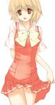  :d blonde_hair bow bowtie brown_eyes dress dress_lift kashimashi luna_lia open_mouth osaragi_hazumu red_dress short_hair short_sleeves simple_background smile solo standing white_background 