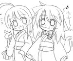  ahoge artist_request braid chibi eighth_note fox_tail greyscale inu-t japanese_clothes long_sleeves me-tan monochrome multiple_girls musical_note os-tan tail 